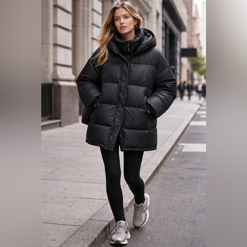 ZARA Trafaluc Women’s Black Puffer Jacket Large Hooded Quilted Mid Thigh Coat - Picture 5 of 10